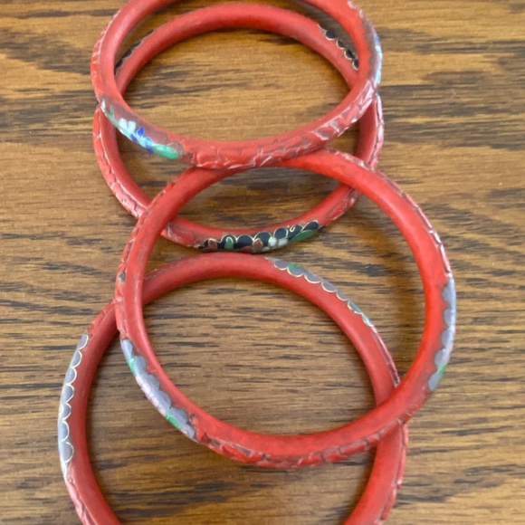 Vintage Antique Chinese Carved Cinnabar & Cloisonné Bangles Bracelets - Picture 3 of 6